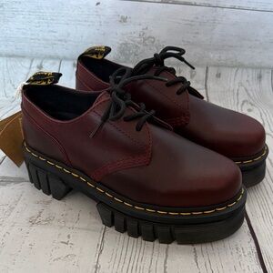 Dr. Martens Burgundy Leather Chunky Lace-Up Oxfords with Yellow Stitching